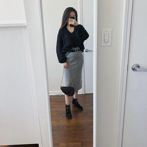 grey knit midi skirt with slit